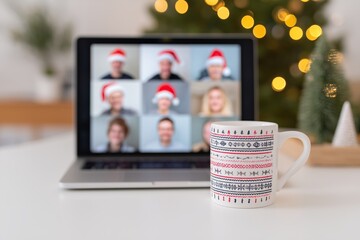 Diverse remote team on a video call displayed on a laptop screen, featuring festive holiday hats, with a cozy mug in the foreground and a Christmas tree in the background