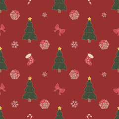 Classic Christmas Seamless Pattern on Red Background
