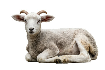 Fototapeta premium A charming white lamb or goat kid, with small horns and fluffy wool, rests while looking attentively forward. background removed