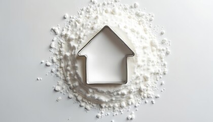 House cookie cutter on white sugar. Concept for baking sweets at home. Preparation for cookies. Metal mold lies on flour. Background for cooking recipe workshop advertisement. Food minimalistic style.