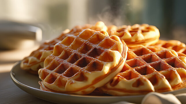 Warm, golden waffles piled on a plate, exuding steam and inviting deliciousness, perfect for a cozy breakfast treat.