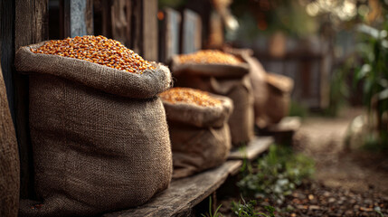 Burlap sacks filled with vibrant corn sit on wooden shelves, surrounded by a rustic farm setting, capturing the essence of harvest season.