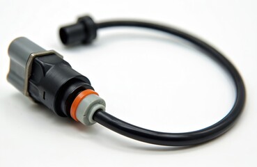 Black, grey car wheel speed sensor with orange seal on white background. Electrical component auto spare part, vital for measuring wheel rotation in vehicle safety tech systems like ABS. Modern