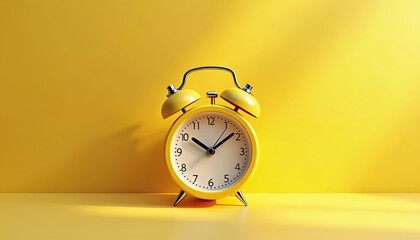 Bright yellow retro alarm clock stands on vibrant yellow background. Classic twin bell design features white face with clear black numbers, hands. Suggests morning wake up, time management, important