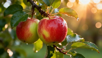 Obraz premium Delicious, appetizing red-cheeked apples on a branch. Autumn harvest, orchard