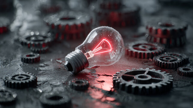 A glowing red light bulb surrounded by metallic gears, create a striking interplay of light and texture on a textured surface.