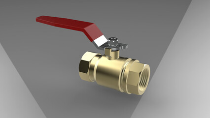 Polished brass ball valve with ergonomic red lever handle on neutral gray backdrop - 3D render