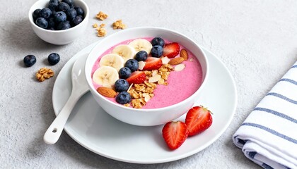 The bowl is filled with a thick, creamy pink smoothie. Sliced bananas, juicy blueberries, and halved strawberries are artfully arranged on top, their red hues contrasting with the pink base.