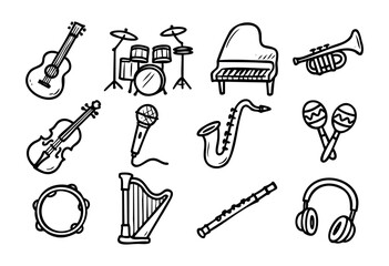 Obraz premium Hand-drawn doodle musical instruments — guitar, piano, violin, and microphone — stock vector.
