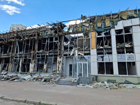 Office center after fire, building was destroyed by fire