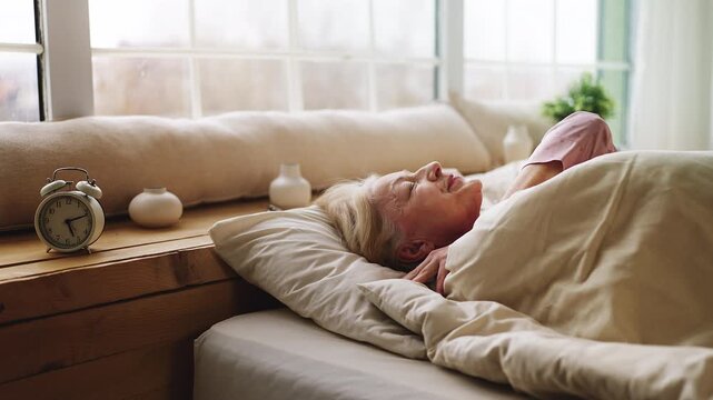 Sad woman in her 60s waking early in bed, struggling with chronic insomnia
