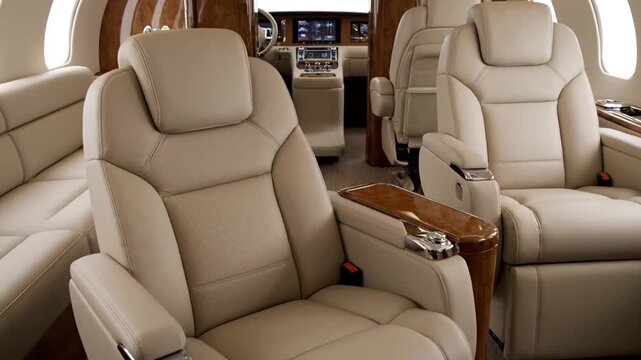 Luxurious Private Jet Interior with Plush Leather Seats and Polished Wood Accents Offering Ultimate Comfort and Style for VIP Travel and Executive Transport