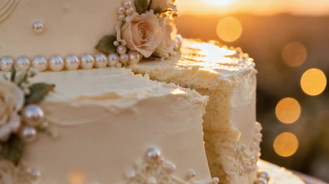 Close-up of a luxury wedding cake being cut, with soft cream texture, pearl decorations, floral accents and warm sunset highlights. Premium romantic detail for elegant wedding design projects.