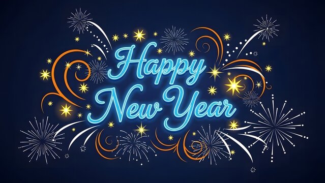 Happy new year neon text with fireworks and swirls