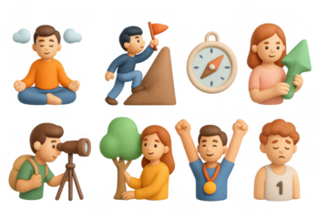 Whimsical cartoon icon set featuring adventure and relaxation themes for creative design