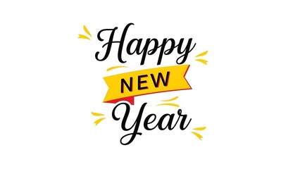 Happy new year text with festive yellow banner and confetti elements