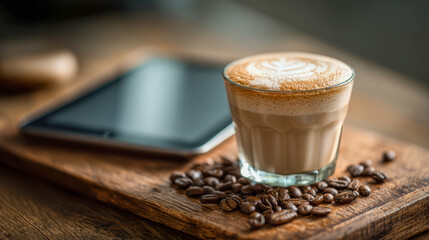 A glass of creamy cappuccino artfully placed on a rustic wooden board surrounded by coffee beans with a smartphone blurred in the background for a cozy coffee break setti
