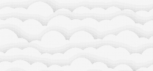 Abstract white halftone pattern background with curved gradient dots forming wave-like shapes, minimal monochrome vector texture