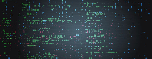 Abstract Digital Data Visualization with Scattered Pixelated Squares in Blue Green Pink Colors on Dark Background