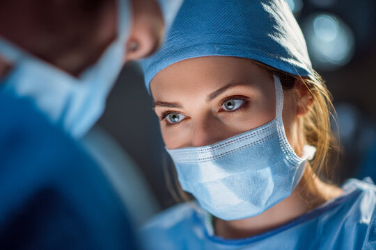 Focused female surgeon wearing protective surgical mask and cap during an intense operation under bright medical lighting in a modern hospital setting