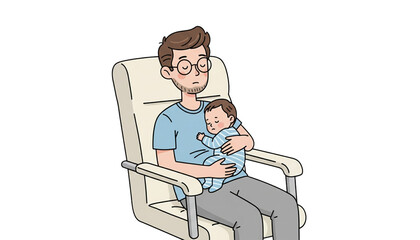 A tired father with glasses and a beard sits in a chair, gently holding his sleeping baby in his arms.