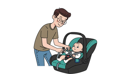 A father carefully secures his infant baby into a car seat, ensuring safety for travel.
