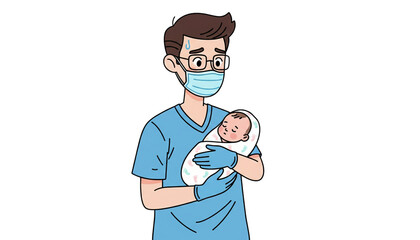 Anxious father or medical professional holding a newborn baby, wearing a mask and scrubs.