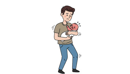 A stressed and overwhelmed father holds his crying baby, looking anxious and unsure how to comfort the infant.