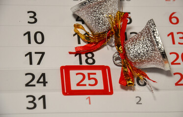 December 25th on the calendar and bells for the Christmas tree