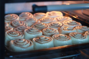 Soft raw cinnamon rolls arranged on a baking sheet, made with sweet yeast dough and cinnamon filling, ready for oven baking, recipe content and bakery promotion.