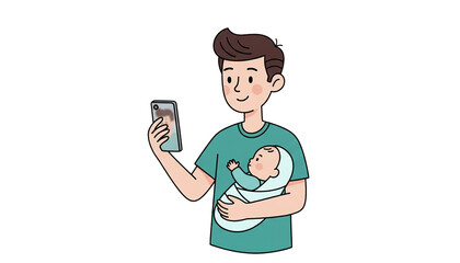 A father holding his newborn baby and taking a selfie with his smartphone, capturing a precious family moment.