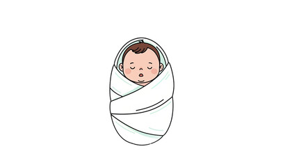 A peaceful cartoon illustration of a newborn baby swaddled in a white blanket, sleeping soundly.