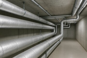 Insulated pipes system in a concrete basement for efficient thermal management and energy conservation. concept of construction, building infrastructure, thermal insulation