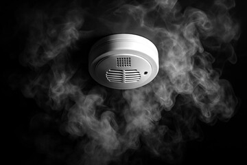 Smoke detector in action surrounded by thick smoke for safety awareness and fire prevention concepts, home safety, emergency response, smoke detection