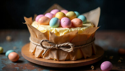 Easter cake wrapped in kraft paper with cream decoration and colorful eggs