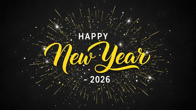 Happy new year 2026 gold lettering with sparkling fireworks effect