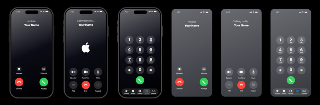 iPhone 17 Pro Max iOS 26 call UI showing incoming/outgoing screens, keypad, contacts, recent calls, voicemail, accept/reject buttons, mute, speaker, and full interactive modern interface.