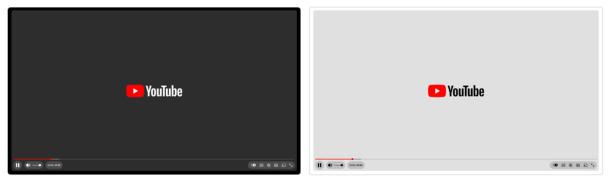 YouTube video player mockup showing latest update with light and dark backgrounds, timeline, play controls, like, comment, share, subscribe, and interactive interface vector illustration
