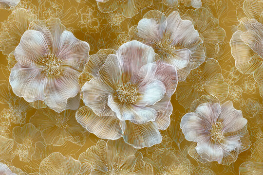 Elegant transparent floral pattern with soft pastel hues layered over a warm golden background for sophisticated decorative design and wallpapers - Powered by Adobe