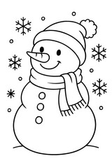 Cute christmas snowman coloring page with snowflakes for kids holiday activity and winter fun illustration, VERTICAL