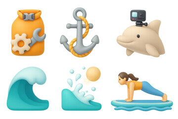 Paddleboard yoga and marine adventure icons for water sports enthusiasts and creative design