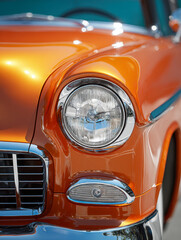 Detailed view of the shiny vintage orange classic car front featuring a round headlight, chrome accents, and polished grill reflecting outdoor scenery