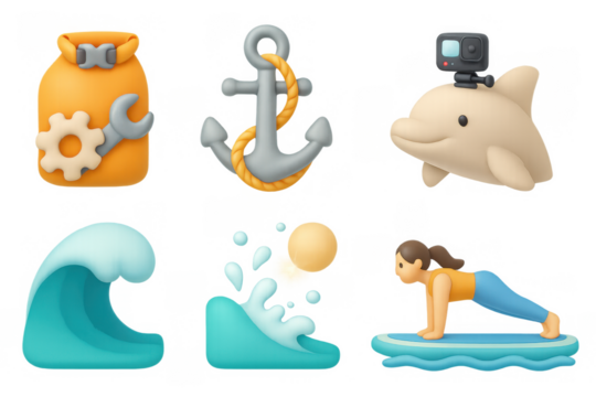 Paddleboard yoga and marine adventure icons for water sports enthusiasts and creative design