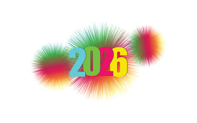 Vibrant 2026 numbers with bright multicolor burst on white background. Colorful festive 2026 text with energetic neon glow effect.