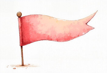 Watercolor illustration of a pink flag on a wooden pole with copy space