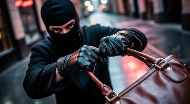 Man in a black balaclava and gloves stealing a brown handbag in a dark alley at night. Crime, robbery, and theft concept for security education