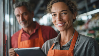 Smiling grocery store workers wearing aprons using tablet for inventory management.