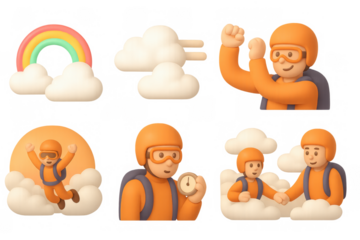 Cartoon skydive adventure scene with parachutists and clouds for fun print design