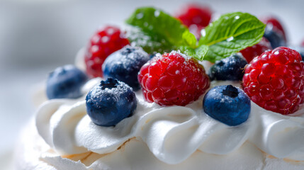 Delicious berry pavlova topped with fresh raspberries and blueberries garnished with a mint leaf and dusted with powdered sugar on whipped cream swirl