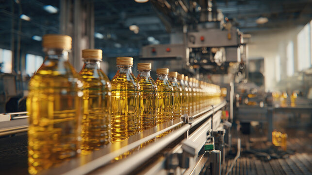 Plastic bottles of vegetable oil move along an automated conveyor line inside a modern food processing plant with industrial machinery and soft natural lighting.
